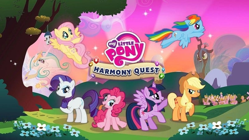 alt text: Hình ảnh giới thiệu game My Little Pony: Harmony Quest với các chú ngựa Pony đầy màu sắc