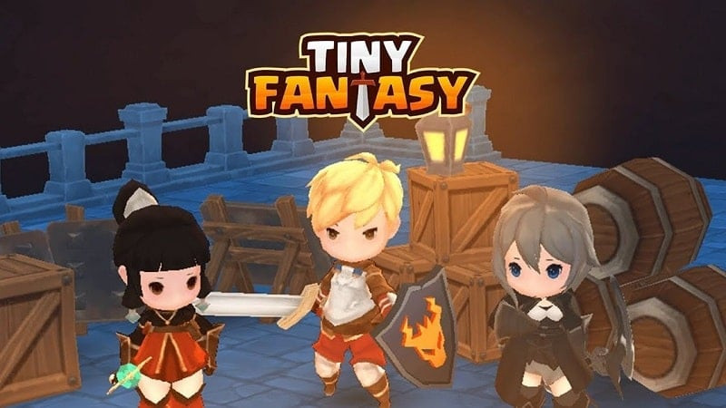 alt text: Hình ảnh giới thiệu game Tiny Fantasy với đồ họa chibi đầy màu sắc