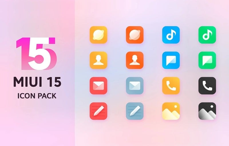 A collection of diverse app icons in Mi15 Icon Pack, allowing users to customize their interface to their preferences