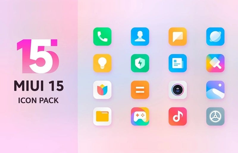 alt text: Hình ảnh hiển thị các biểu tượng ứng dụng trong Mi15 Icon Pack được thiết kế theo phong cách MIUI 15, mang đến giao diện hiện đại và tinh tế