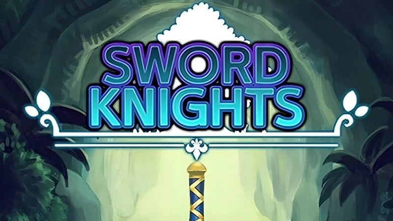 alt text: Hình ảnh hiển thị giao diện game Sword Knights: Idle RPG với nhân vật chính cầm kiếm nguyên tố, chiến đấu với quái vật trong một khung cảnh huyền ảo.