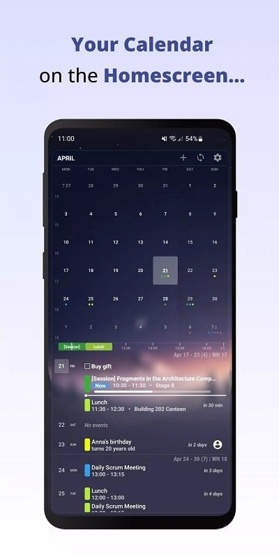 alt text: Hình ảnh hiển thị giao diện ứng dụng Your Calendar Widget trên thiết bị Android với các sự kiện được đánh dấu và ghi chú chi tiết.