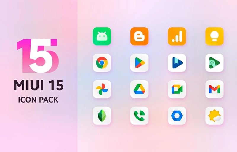 alt text: Hình ảnh hiển thị một số hình nền đẹp mắt trong Mi15 Icon Pack, được thiết kế đồng bộ với phong cách MIUI 15