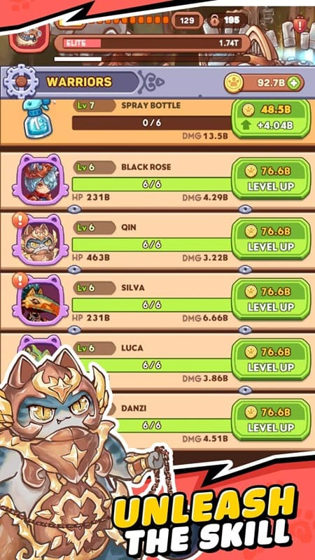 alt text: Hình ảnh kỹ năng chiến đấu trong Meow Meow Warriors APK Free, minh họa các hiệu ứng đặc biệt khi chiến binh mèo sử dụng kỹ năng.