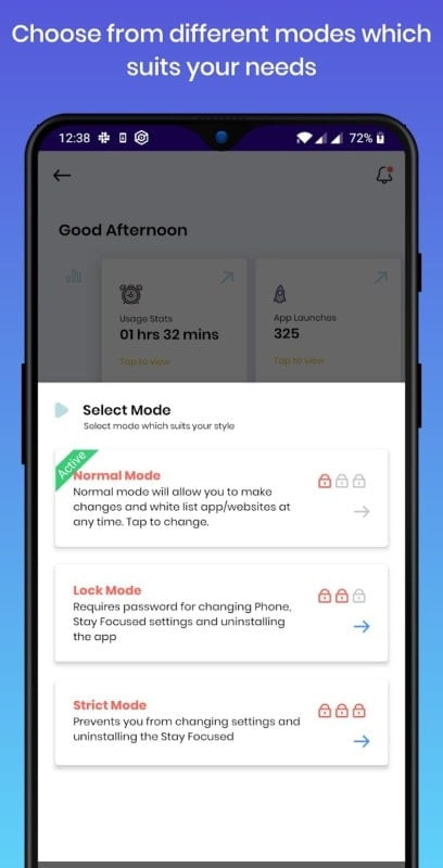 Illustration of the three operating modes of Stay Focused: Normal Mode, Lock Mode, and Strict Mode.