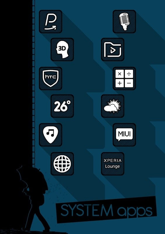 An illustration of the Raya Black Icon Pack showcasing the transformation of system app icons.