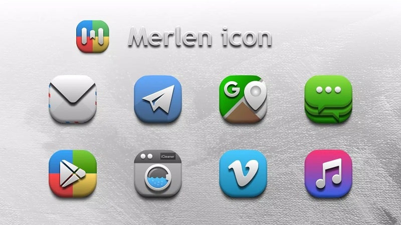 alt text: Hình ảnh minh họa các biểu tượng ứng dụng trong Merlen Icon Pack