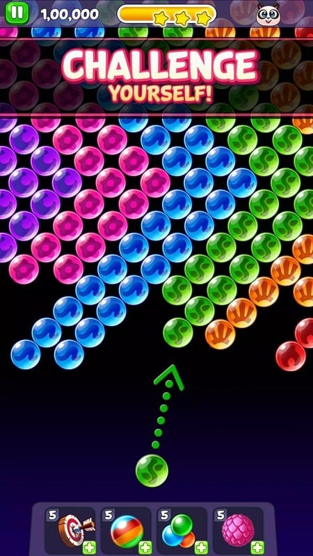 Illustrative image of Bubble Shooter: Panda Pop gameplay, showing how to aim and match colored bubbles.