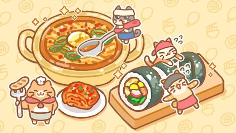 Alt text: Hình ảnh minh họa game Cat Restaurant: Korean Food với các chú mèo đang phục vụ món ăn Hàn Quốc