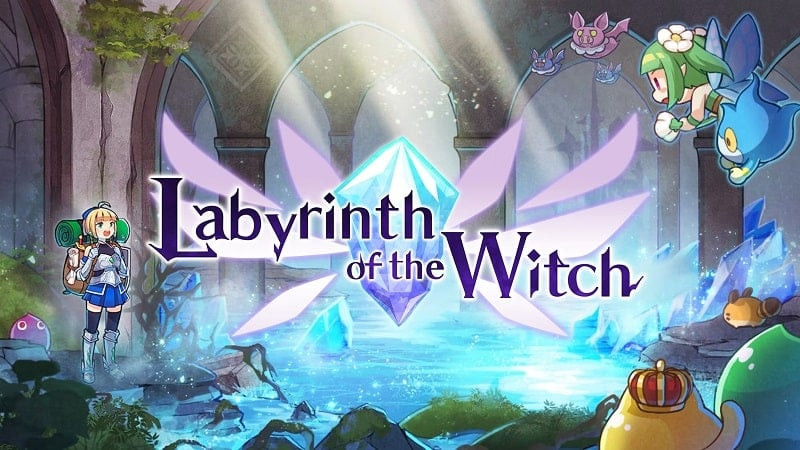 Alt text: Hình ảnh minh họa game Labyrinth of the Witch, một nữ phù thủy với mái tóc trắng và trang phục màu xanh đang đứng trong một mê cung tối tăm.