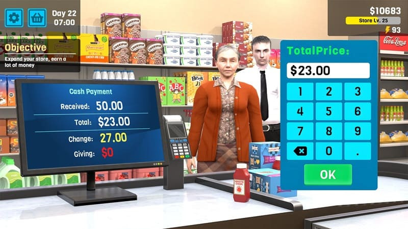 alt text: Hình ảnh minh họa gameplay Manage Supermarket Simulator trên thiết bị Android