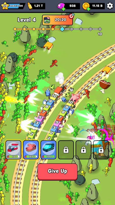 alt text: Hình ảnh minh họa gameplay Train Tycoon: Idle Defense, cho thấy đoàn tàu đang bắn hạ zombie.