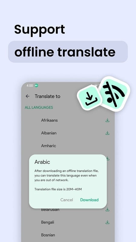 Instant Translate On Screen app interface on an Android phone.