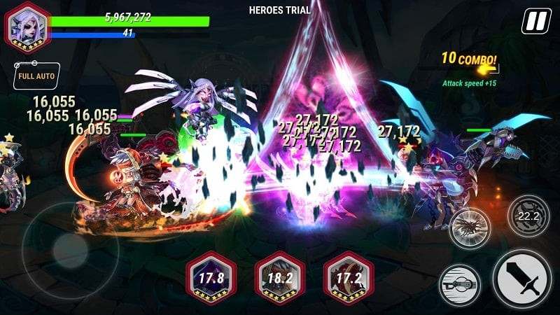 alt text: Hình ảnh minh họa hệ thống anh hùng đa dạng trong Heroes Infinity Premium MOD APK, với các nhân vật có thiết kế độc đáo và kỹ năng riêng biệt.