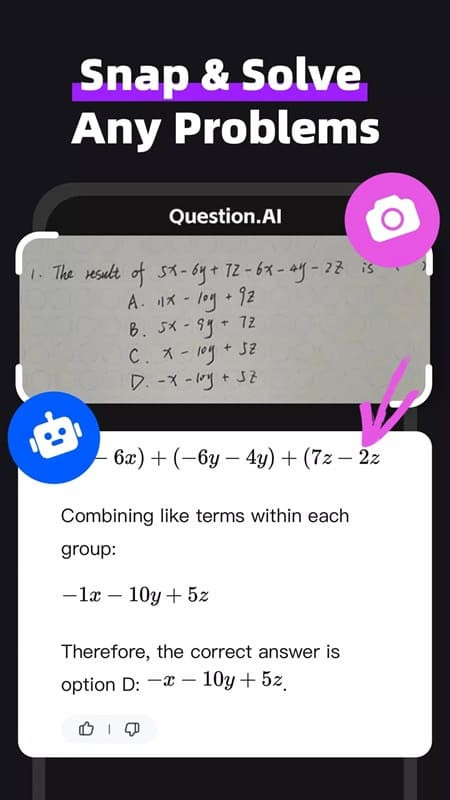 alt text: Hình ảnh minh họa tính năng quét ảnh của Question.AI, cho phép người dùng chụp ảnh câu hỏi thay vì gõ