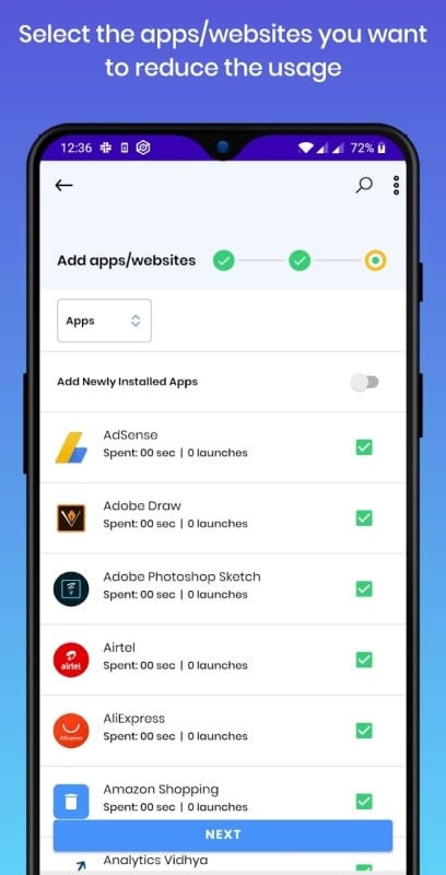 Illustration of the flexible customization feature of Stay Focused, allowing users to customize the list of blocked apps and websites.