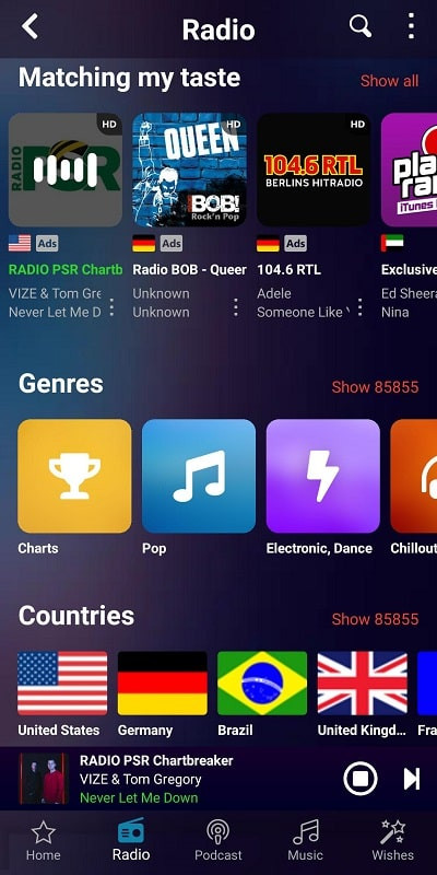 Audials Radio Pro app displaying a list of radio stations and podcasts