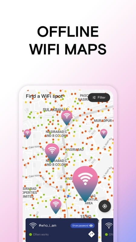 Instabridge app on a phone, displaying nearby free WiFi hotspots