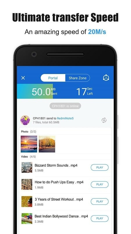 SHAREit app transferring a large video file, demonstrating fast sharing speed and time savings.