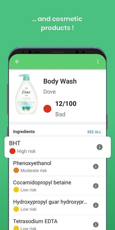 Yuka app analyzing a product's ingredients.