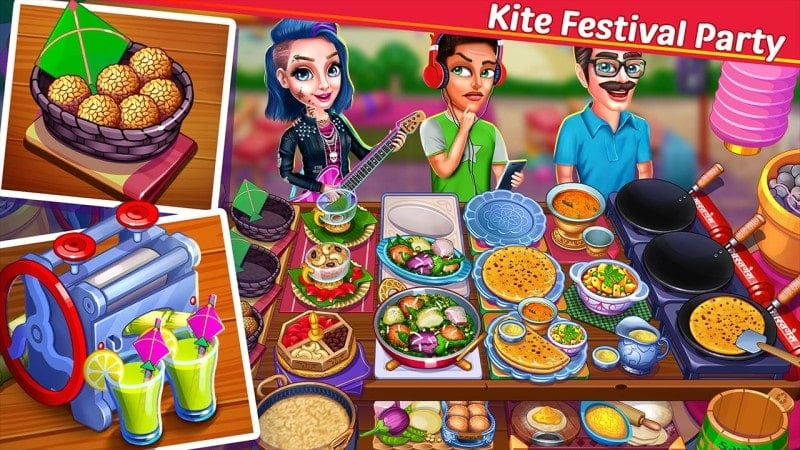 alt text: Screenshot of Cooking Party Cooking Games showing kitchen appliance upgrades.