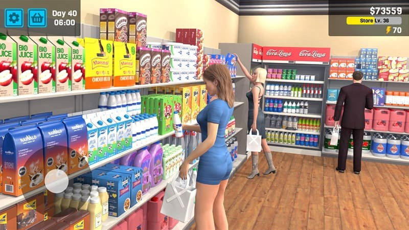 alt text: Hình ảnh minh họa việc nhập hàng và quản lý kho trong Manage Supermarket Simulator