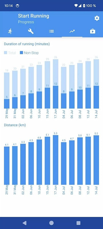 User checking their training data on the Start Running for Beginners app