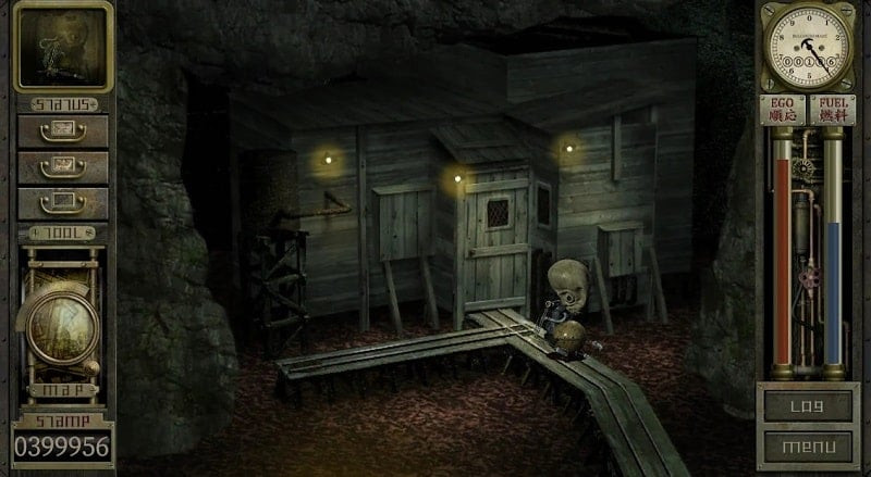 The main character of Garage: Bad Dream Adventure stands before a mysterious door. Light emanating from behind the door creates an atmosphere of mystery and anticipation.