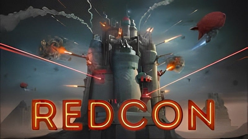 alt text: Hình ảnh pháo đài trong game REDCON, với nhiều khẩu pháo và khói lửa bốc lên, thể hiện sự khốc liệt của chiến trường.