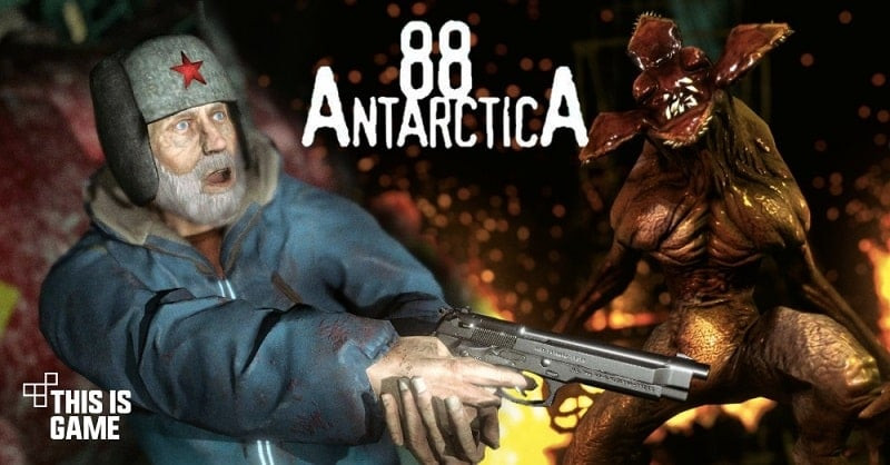 alt text: Hình ảnh poster game Antarctica 88 với khung cảnh băng giá và một con quái vật đáng sợ