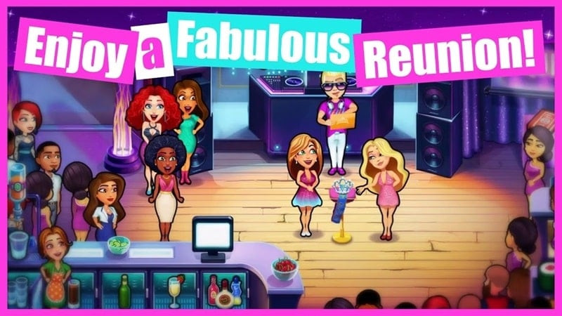 alt text: Hình ảnh quảng cáo game Fabulous - High School Reunion với Angela xinh đẹp trong trang phục lộng lẫy tại buổi dạ hội