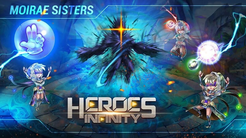 alt text: Hình ảnh quảng cáo game Heroes Infinity Premium với đồ họa sắc nét, hiển thị các anh hùng mạnh mẽ và hiệu ứng kỹ năng hoành tráng.