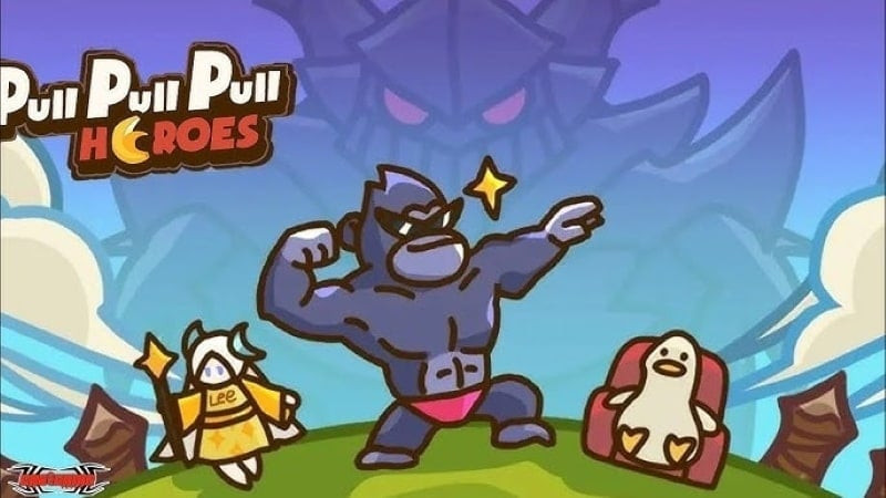 alt text: Hình ảnh quảng cáo game Pull Pull Pull Heroes với đồ họa sống động, thể hiện cuộc chiến chống lại quái vật trong rừng ma quái.