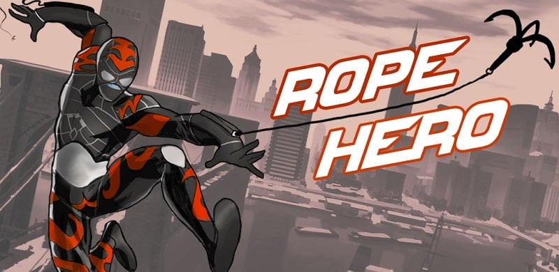 alt text: Hình ảnh Rope Hero trong game, anh hùng đang đứng trên tòa nhà cao tầng nhìn xuống thành phố