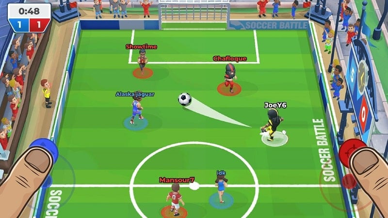 alt text: Hình ảnh Soccer Battle APK trên giao diện điện thoại, cho thấy đồ họa tươi sáng và bắt mắt của trò chơi.