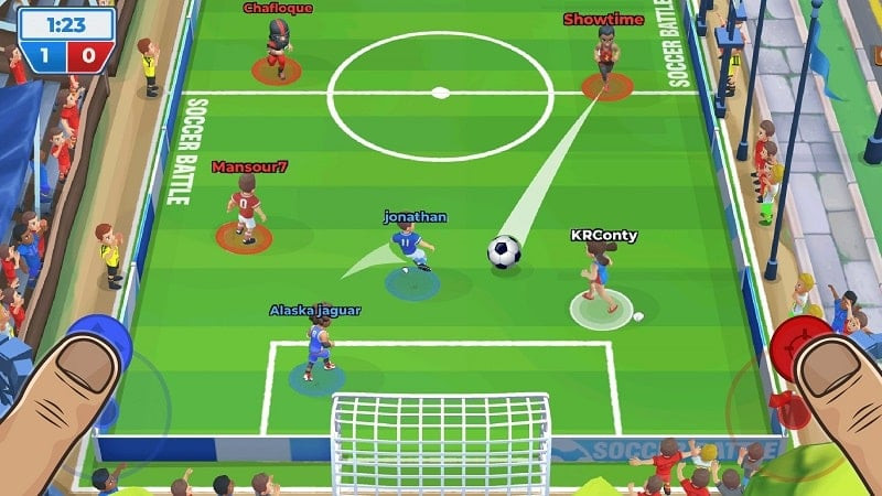 Soccer Battle MOD APK showing the unlimited money feature, allowing players to upgrade their team.