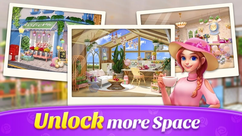 alt text: Hình ảnh tiệm hoa trong game Flower Shop Makeover sau khi được trang trí lại, với không gian tươi sáng, đẹp mắt và tràn ngập sắc hoa.