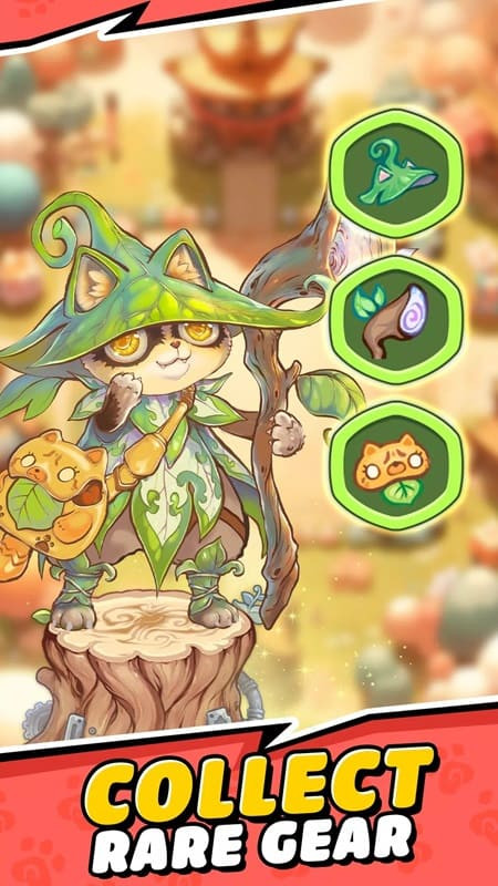 alt text: Hình ảnh trang bị trong Meow Meow Warriors MOD APK, hiển thị các loại vũ khí và giáp trụ khác nhau có thể được trang bị cho chiến binh mèo.