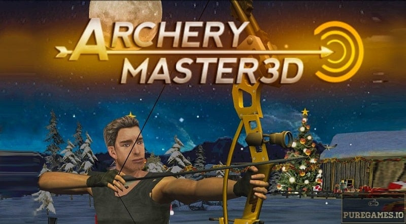 alt text: Hình ảnh trò chơi Archery Master 3D trên điện thoại, hiển thị giao diện ngắm bắn với cung tên và mục tiêu.