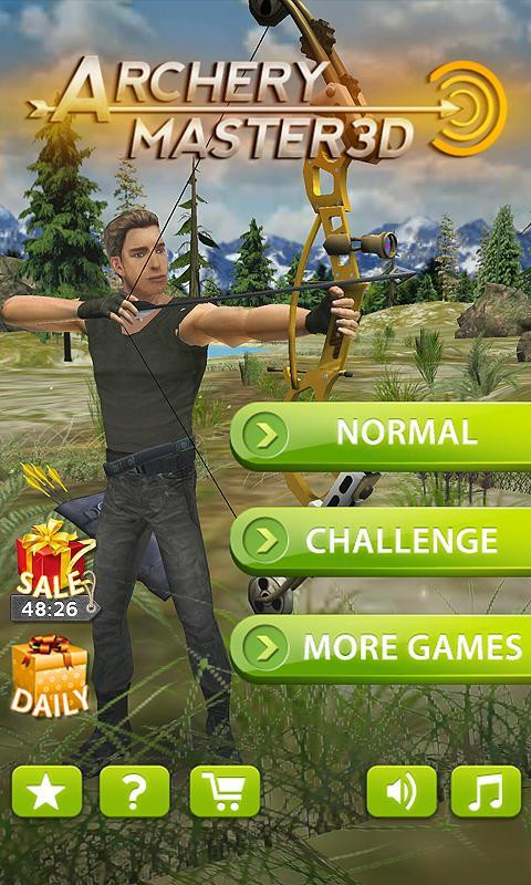 Archery Master 3D gameplay with a desert landscape, the player is preparing to shoot an arrow.