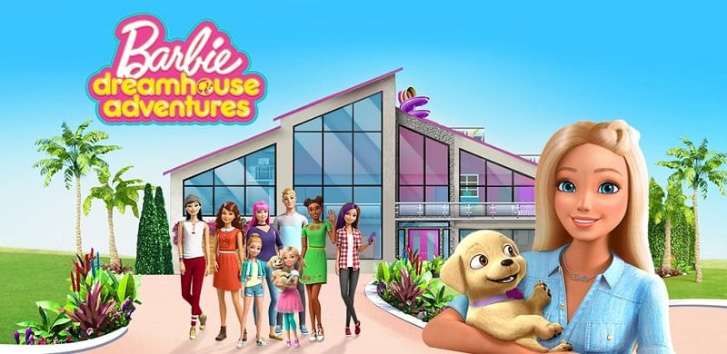 alt text: Hình ảnh trò chơi Barbie Dreamhouse Adventures trên điện thoại, hiển thị giao diện chính với nhân vật Barbie và ngôi nhà mơ ước màu hồng.