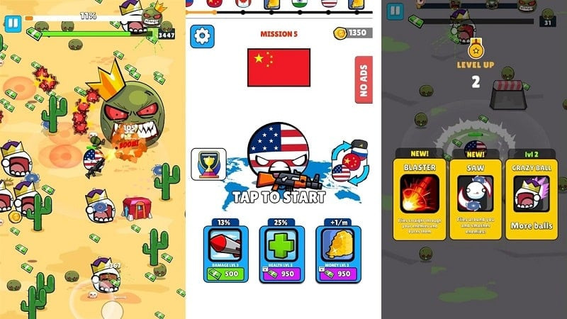 alt text: Hình ảnh trò chơi Country Balls với quả bóng mang quốc kỳ Việt Nam đang chiến đấu với zombie