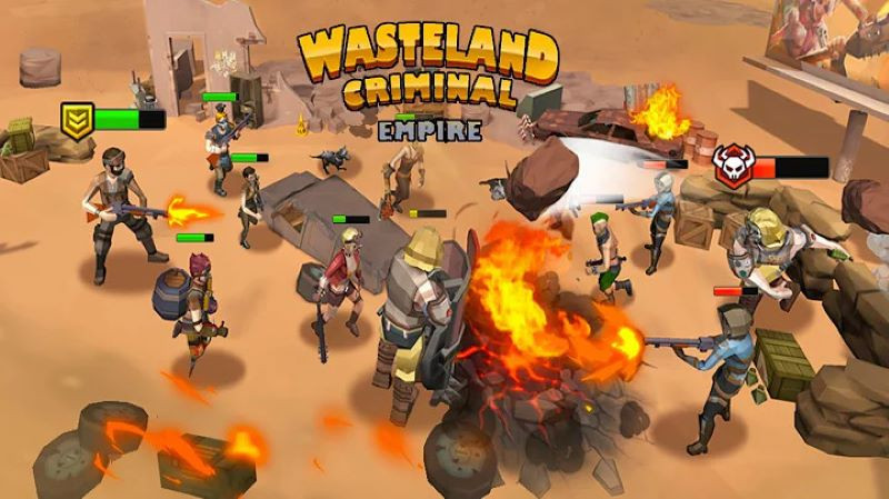 alt text: Hình ảnh trò chơi Idle Wasteland Criminal Empire, thể hiện bối cảnh hậu tận thế hoang tàn với các tòa nhà đổ nát và nhân vật đứng giữa khung cảnh