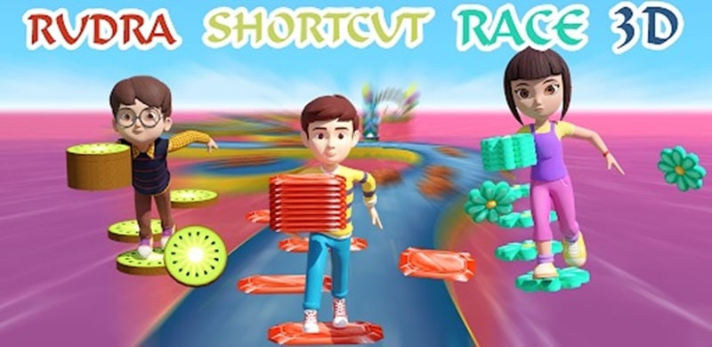 alt text: Hình ảnh trò chơi Rudra Shortcut Race 3D, hiển thị nhân vật đang chạy trên đường đua với các khối gạch để xây dựng đường