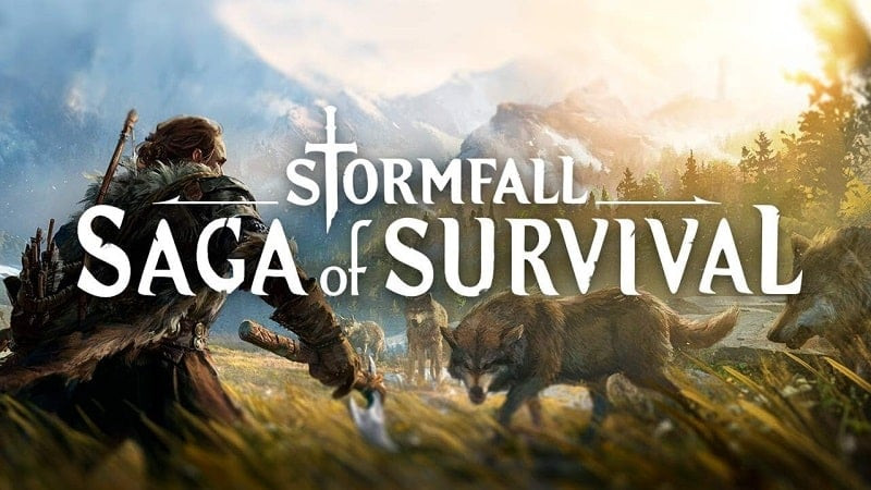 alt text: Hình ảnh trò chơi Stormfall: Saga of Survival, nhân vật chính đứng trước một ngôi nhà gỗ giữa rừng rậm. Bầu trời u ám, xung quanh là cây cối hoang sơ, tạo nên cảm giác bí ẩn và nguy hiểm.