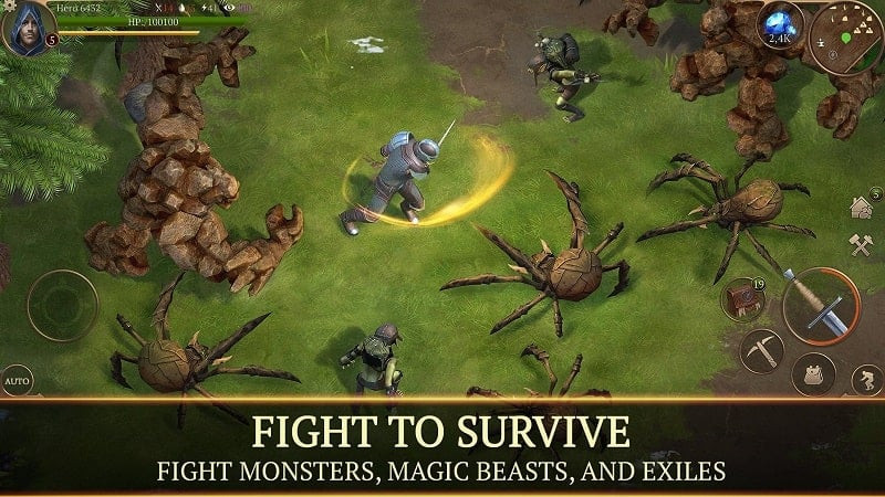 A screenshot of Stormfall: Saga of Survival on an Android phone, showing the character battling a wolf in the forest.