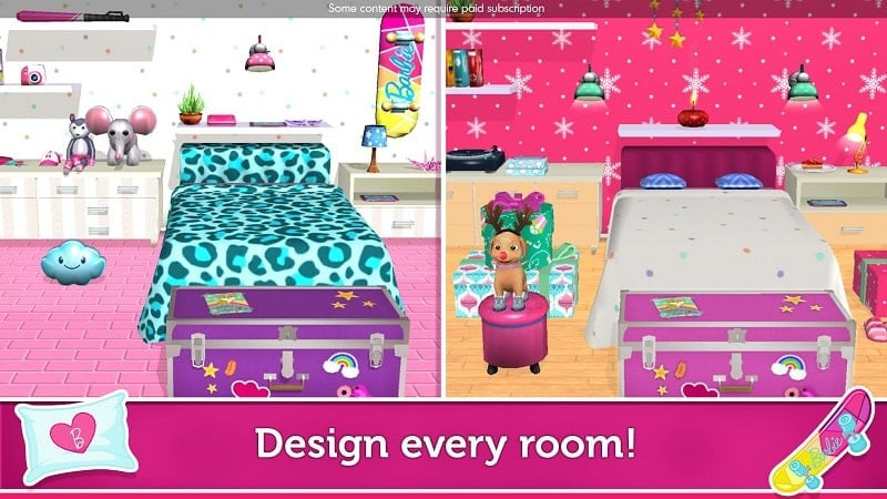 alt text: Hình ảnh trong game Barbie Dreamhouse Adventures, cho thấy nhân vật Barbie đang đứng trong phòng khách sang trọng của ngôi nhà.