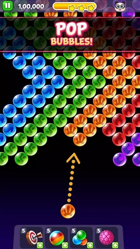 alt text: Hình ảnh trong game Bubble Shooter: Panda Pop cho thấy cách chơi bằng việc bắn bong bóng cùng màu để chúng nổ tung.