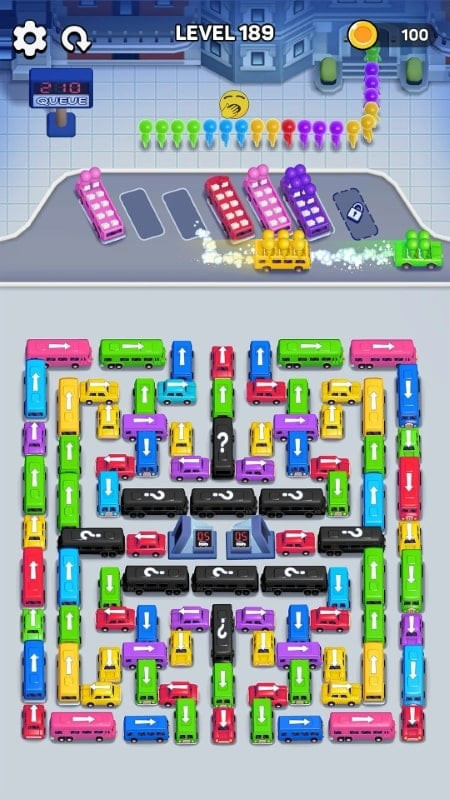 Various vehicles stuck in a parking lot in the Bus Out game.