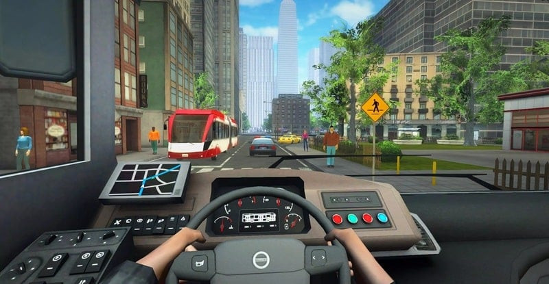 alt text: Hình ảnh trong game Bus Simulator PRO 2 MOD APK, cho thấy giao diện bên trong buồng lái xe buýt.